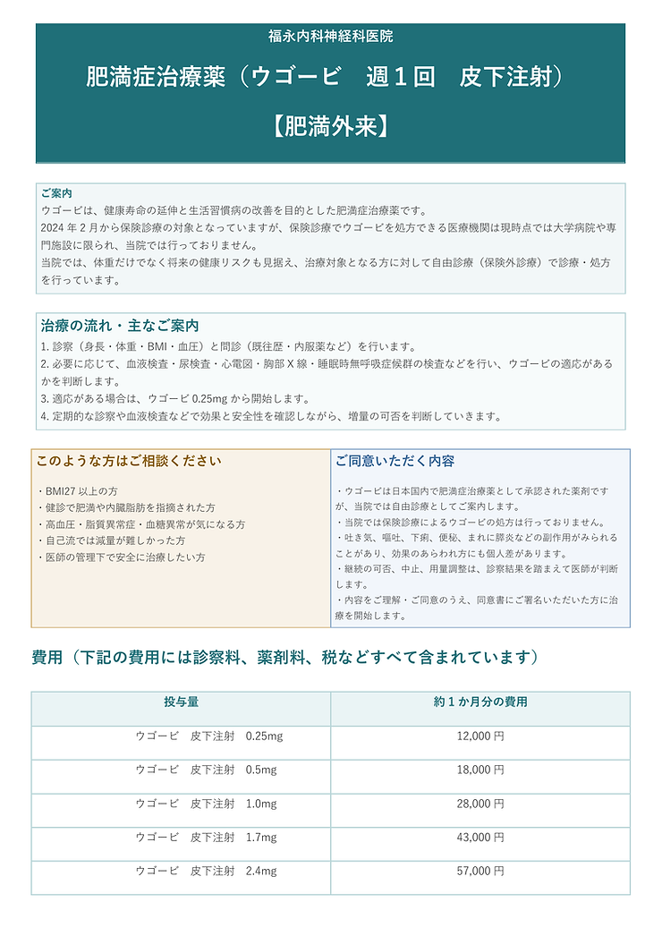 肥満症治療薬(ウゴービ 週1回 皮下注射)取り扱い開始のお知らせ(自費診療)